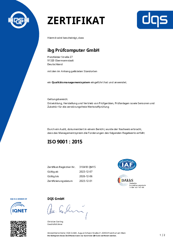 Certificate for ISO9001-2015 310418 of ibg Pruefcomputer GmbH german
